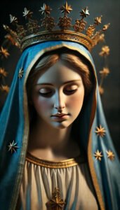 DALL·E 2024-06-17 18.12.15 - The Virgin Mary with a very beautiful and delicate face, a fine and slightly upturned nose, sitting on a bench in the dim light of night. She has an u copy 2