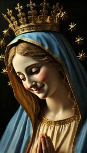 DALL·E 2024-06-17 18.48.05 - The Virgin Mary with a very beautiful and delicate face, a fine and slightly upturned nose, smiling gently, sitting on a bench in the dim light of nig copy
