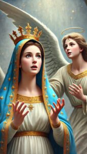 DALL·E 2024-06-24 17.52.26 - The Blessed Virgin Mary in a highly realistic and reverent pose, appearing about 15 years old with a look of astonishment. She is in the scene of the copy