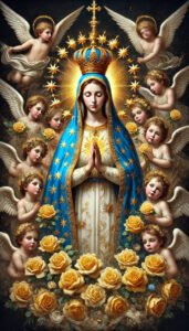 DALL·E 2024-07-01 08.49.53 - A full-body image of the Blessed Virgin Mary based on the provided image, maintaining her facial features and wearing an ultra-electric blue mantle ad copy