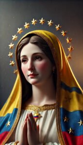 DALL·E 2024-07-11 17.04.55 - A highly realistic and dignified image of the Blessed Virgin Mary. She is wearing a mantle with the colors of the Colombian flag (yellow, blue, and re copy